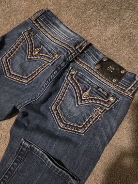 Authentic Y2K Miss Me Dark Blue Bootcut Jeans with Contrast Tan Stitching
